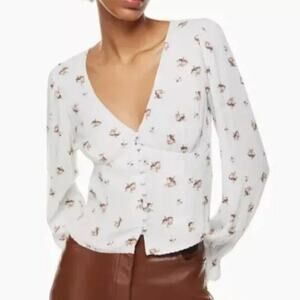 Aritzia Floral Button-Up Blouse - White and Pink